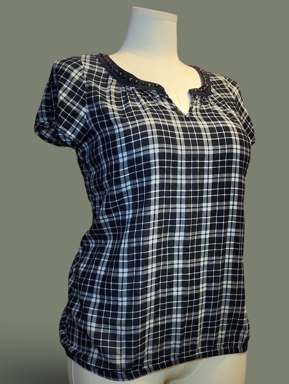 *Sonoma Studded Keyhole Plaid Blouse Navy White Size Large* Cottagecore Casual ❥